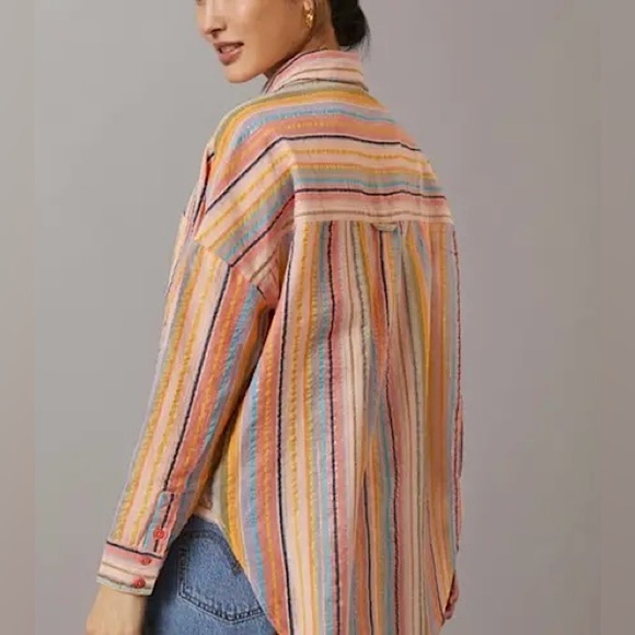 Anthropologie Pilcro Long-Sleeve Boyfriend Striped Shirt Rainbow Metallic L/XL - Picture 4 of 16